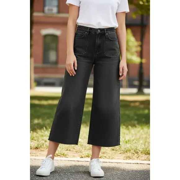 Old Navy High Rise Baggy Wide Leg Jeans Black Wash Raw Hem Size 0 - Picture 1 of 7